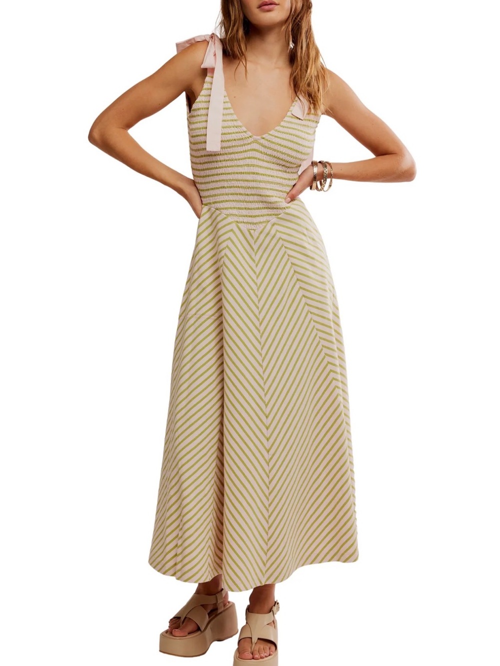 NWT Free People Striped Tie-Shoulder Palma Combo Cecelia Midi Dress